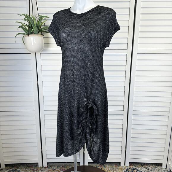 Comfy USA Black Gray Open Knit Dress Ruched Front Bow Unlined Womens Size XS‎ - Picture 1 of 6